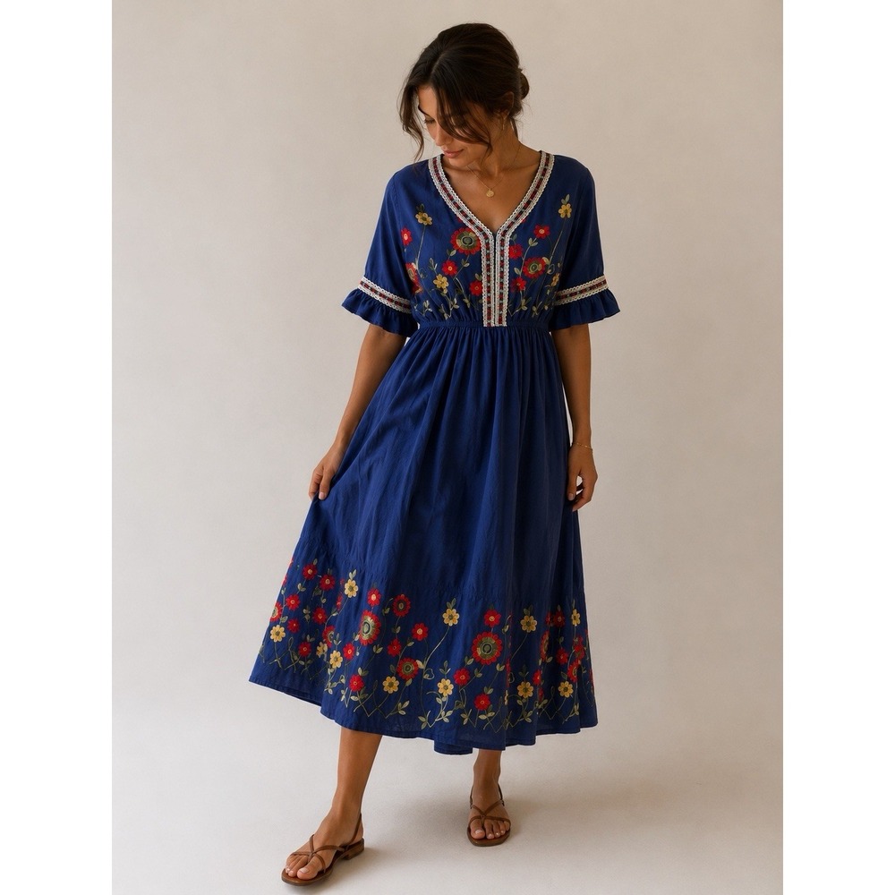 Boho Embroidered Midi Dress Womens M Floral Folk‎ Cottagecore Vintage